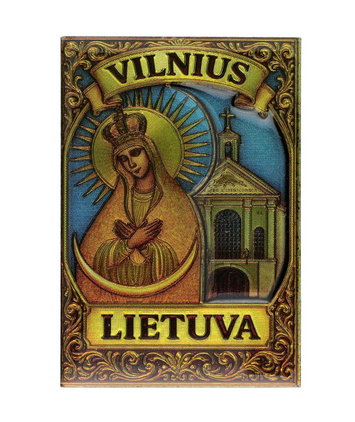 Mėlynas magnetas su Vilniaus Aušros vartų Švč Mergele Marija